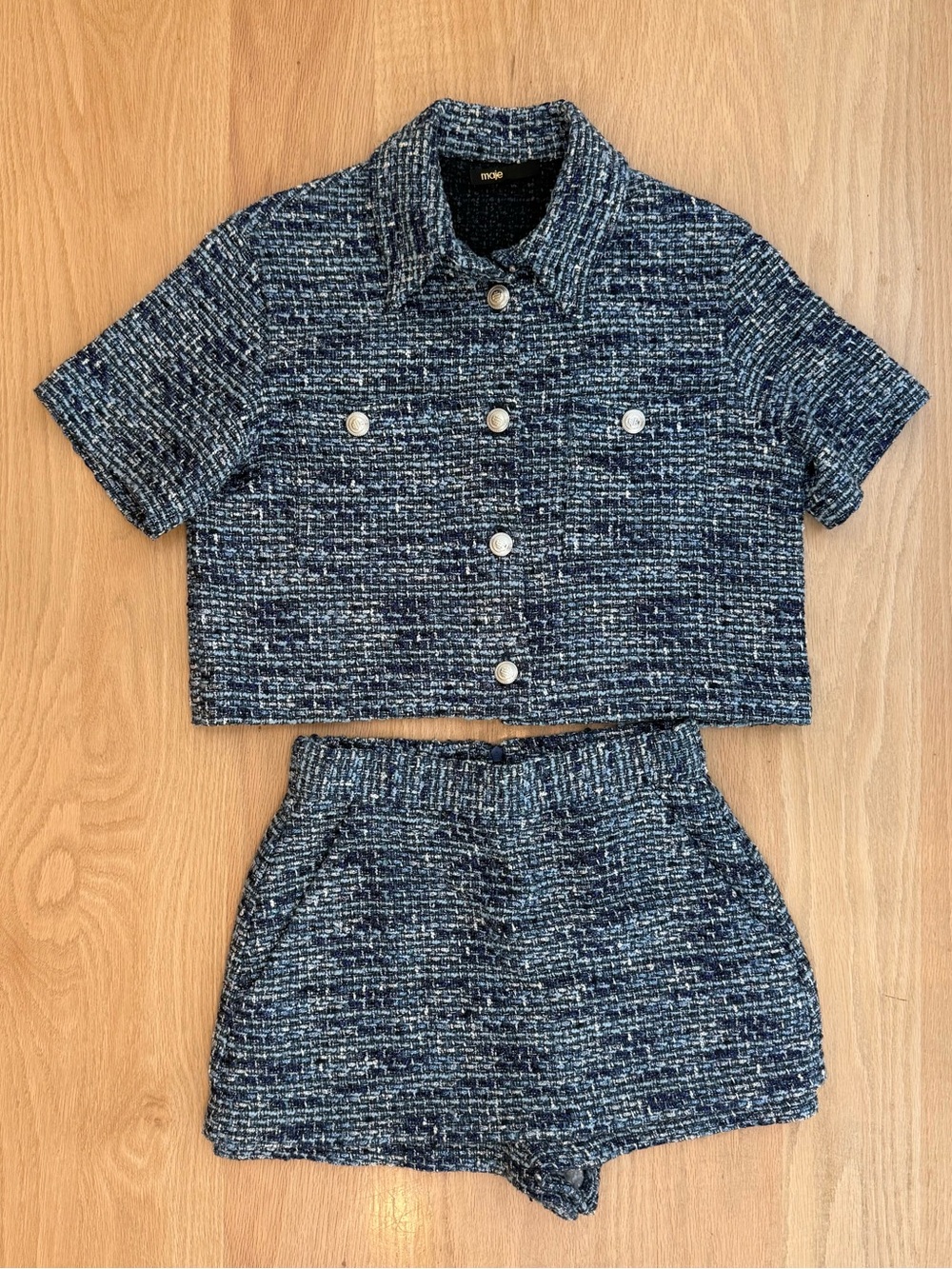 Maje Blue Tweed Set - Short Sleeve Cropped Shirt & High-Waist Shorts